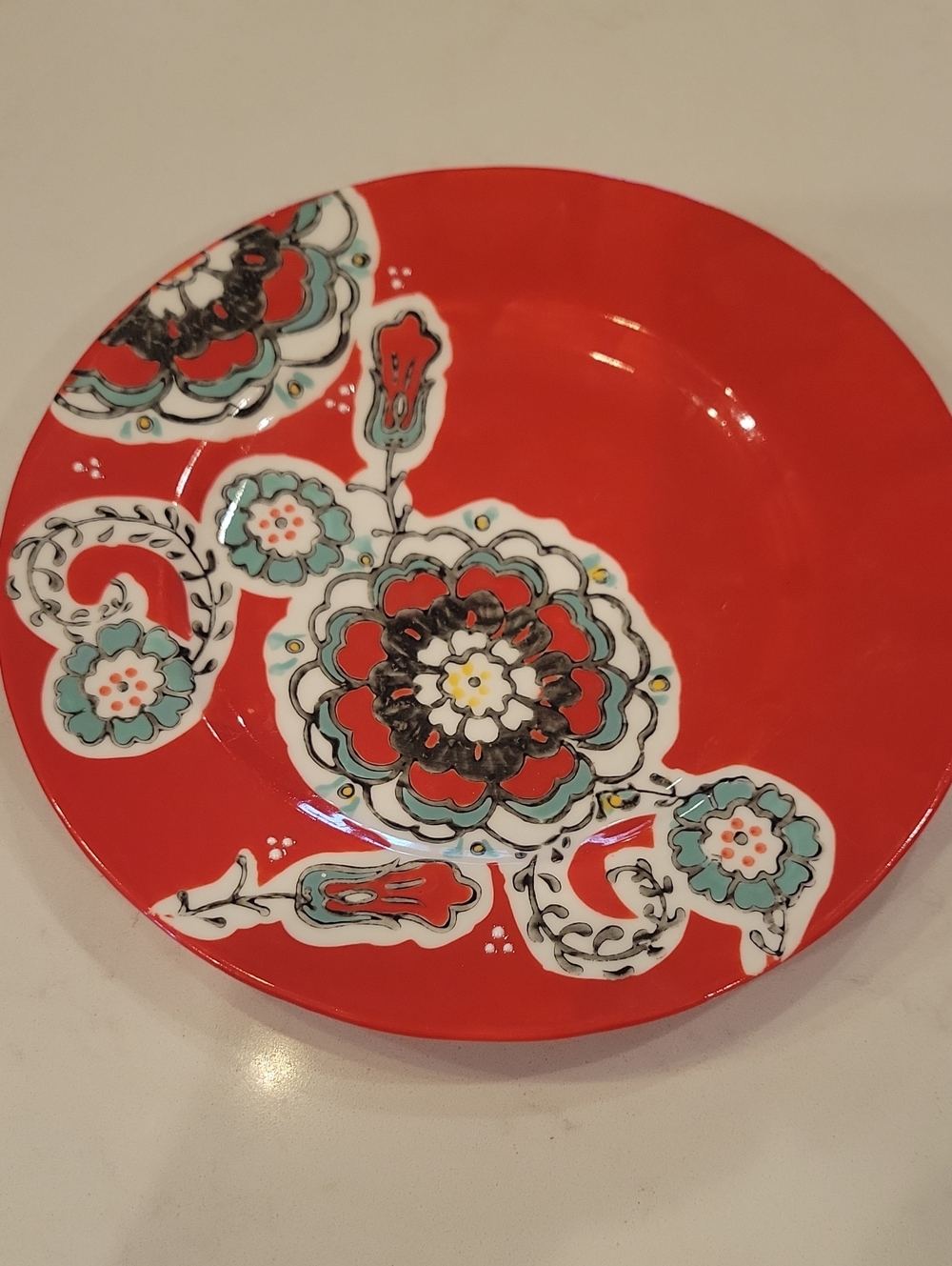 Single Anthro Salad Plate Red With Floral Accents